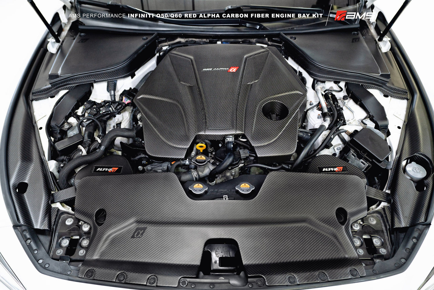 AMS Performance Infiniti Q50 / Q60 Red Alpha Matte Carbon Brake Fluid Reservoir & Battery Cover Set