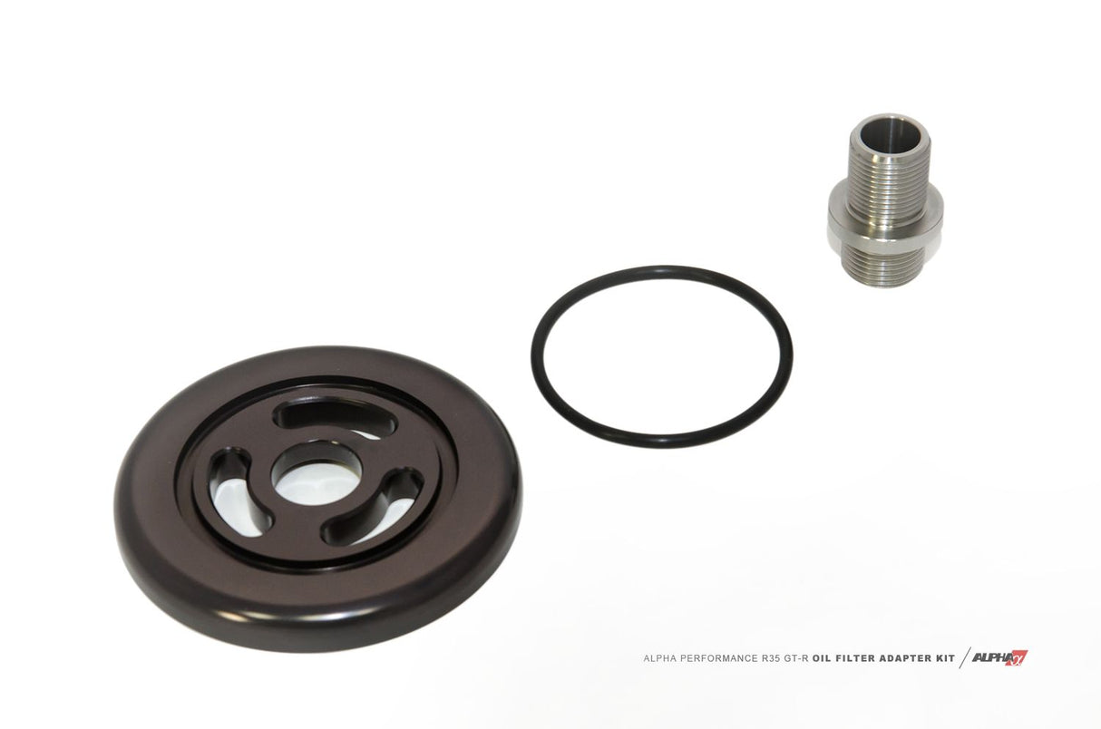 Alpha Performance R35 GT-R CNC Billet Oil Filter Adapter with Street Filter for Race Cooling Kit (Short filter)