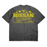 Back of charcoal Nissan Motorsports Shop T-shirt with a large yellow Nissan Motorsports graphic.