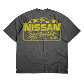 Back of charcoal Nissan Motorsports Shop T-shirt with a large yellow Nissan Motorsports graphic.