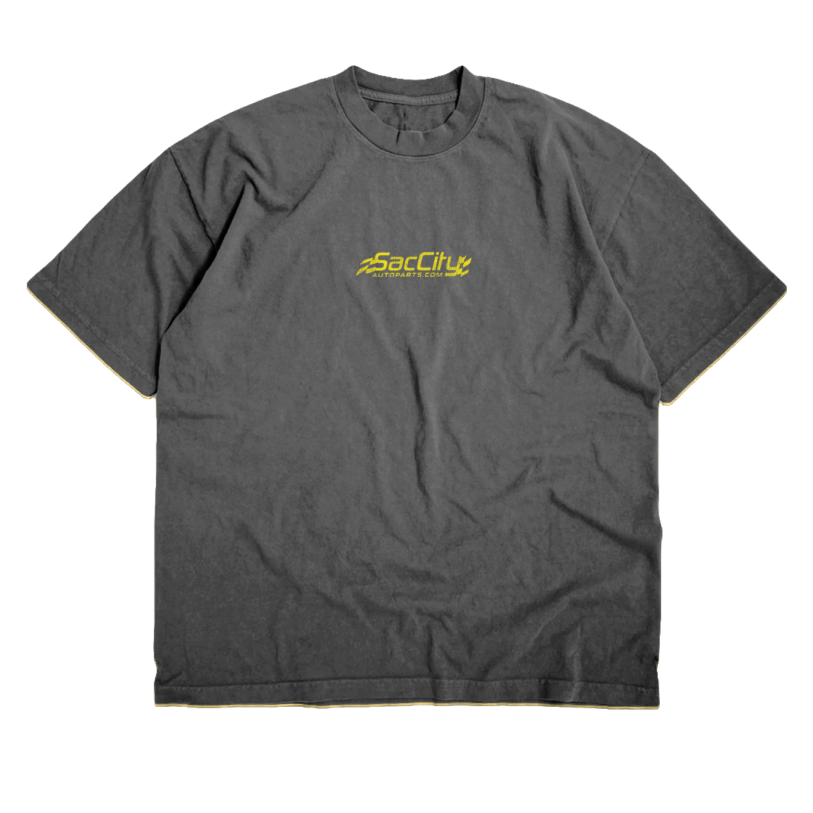 Front of charcoal Nissan Motorsports Shop crew neck T-shirt with a small yellow Sac City chest logo.