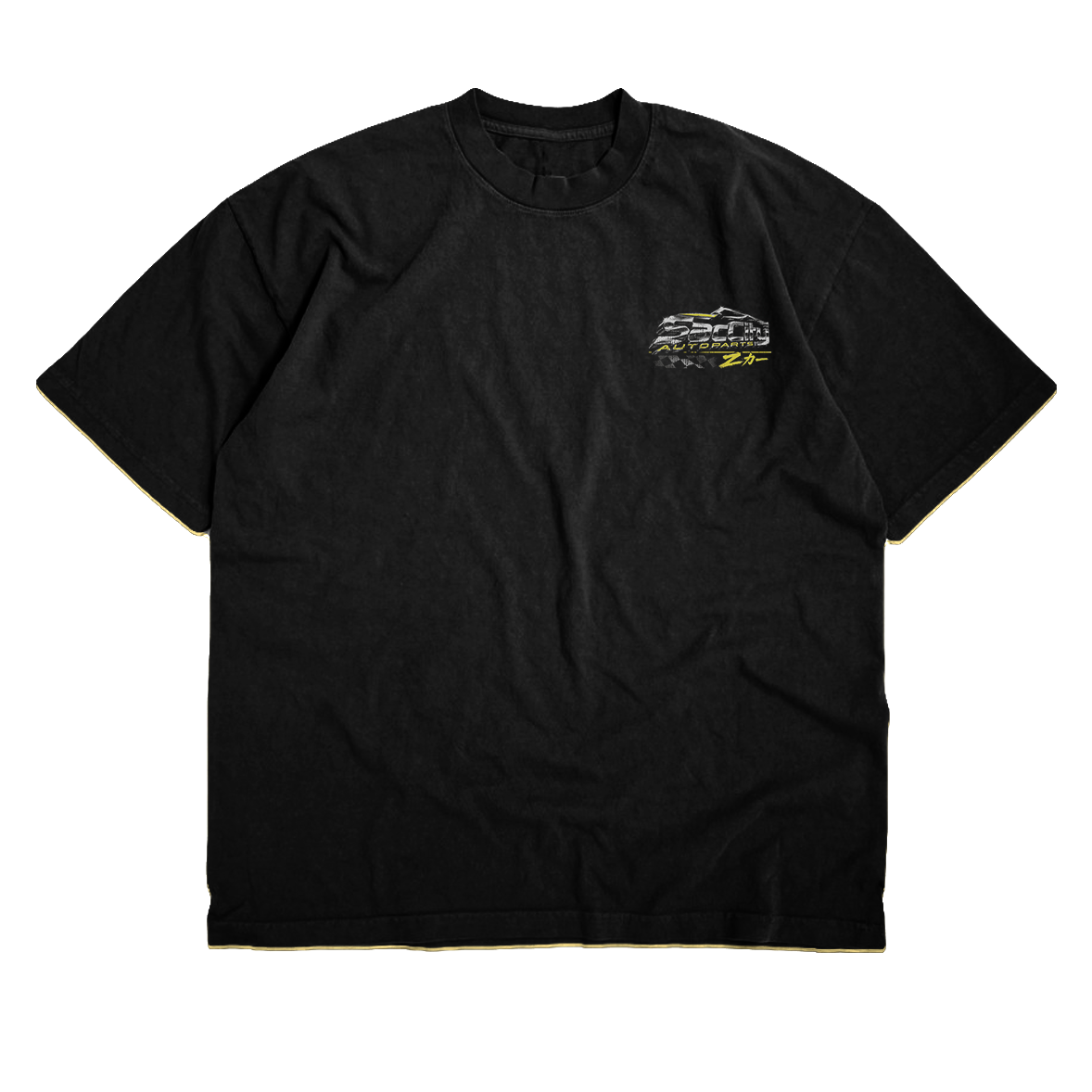 Front of black Proto Z crew neck T-shirt with a small yellow and white Sac City graphic on the left chest.