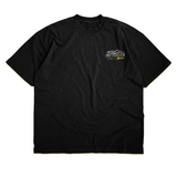 Front of black Proto Z crew neck T-shirt with a small yellow and white Sac City graphic on the left chest.