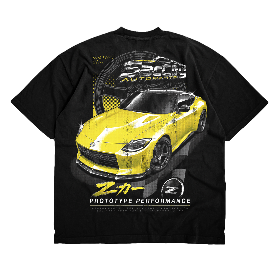 Black Proto Z T-shirt back with yellow Nissan Z artwork, Sac City logo and Prototype Performance lettering.