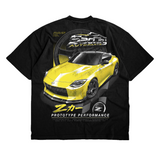 Black Proto Z T-shirt back with yellow Nissan Z artwork, Sac City logo and Prototype Performance lettering.