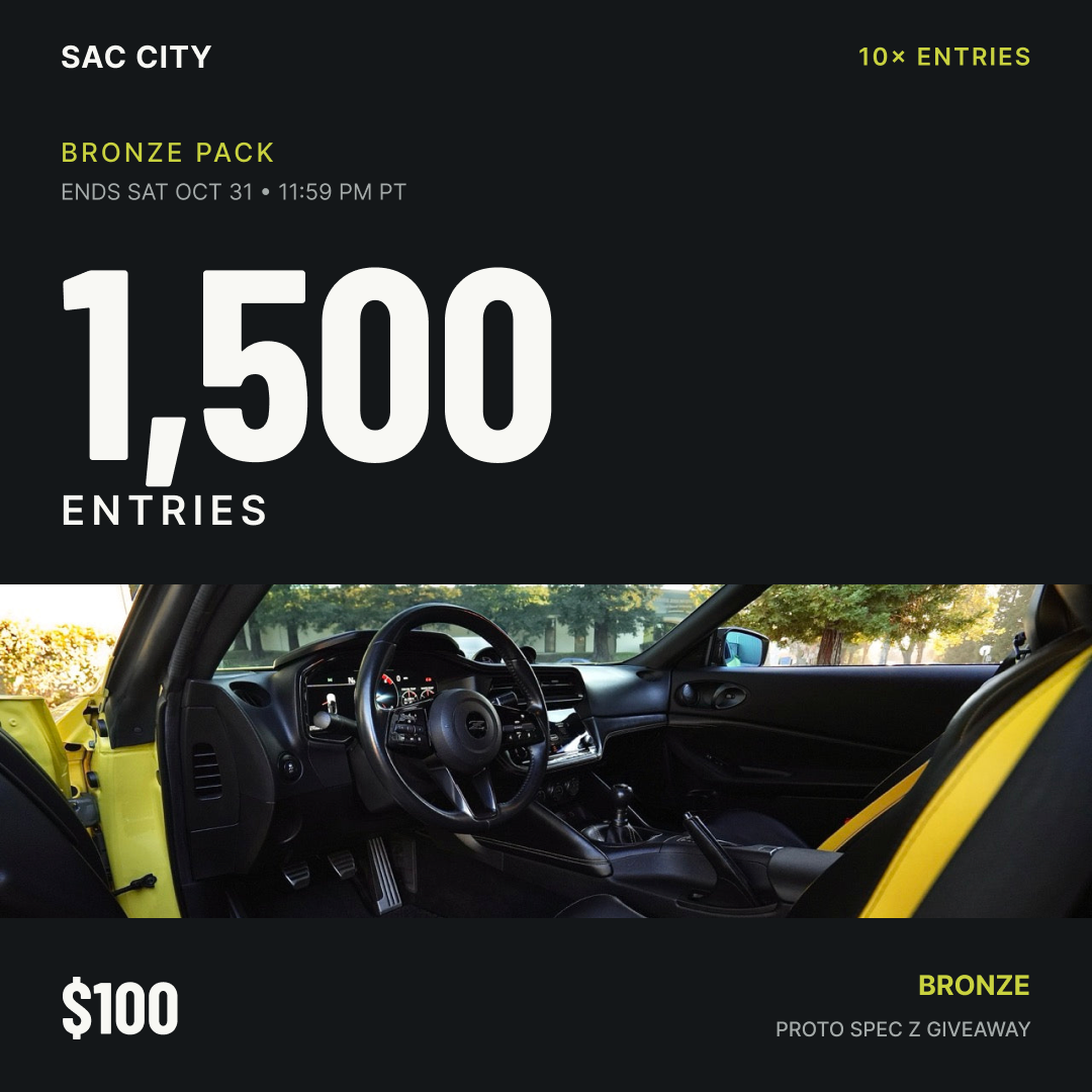 Sac City Bronze: 1,500 entries for $100 during the 10× event ending October 31 at 11:59 PM Pacific; cockpit of the giveaway Proto Spec Z.