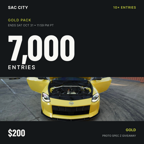 Sac City Gold: 7,000 entries for $200 during the 10× event ending October 31 at 11:59 PM Pacific; engine bay of the giveaway Proto Spec Z.