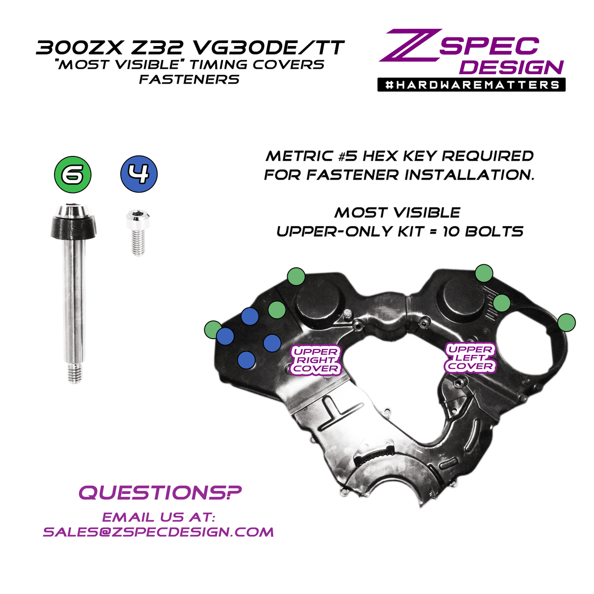 ZSPEC "Most Visible" (Top) Timing Covers Fasteners, Nissan 300zx Z32, Titanium