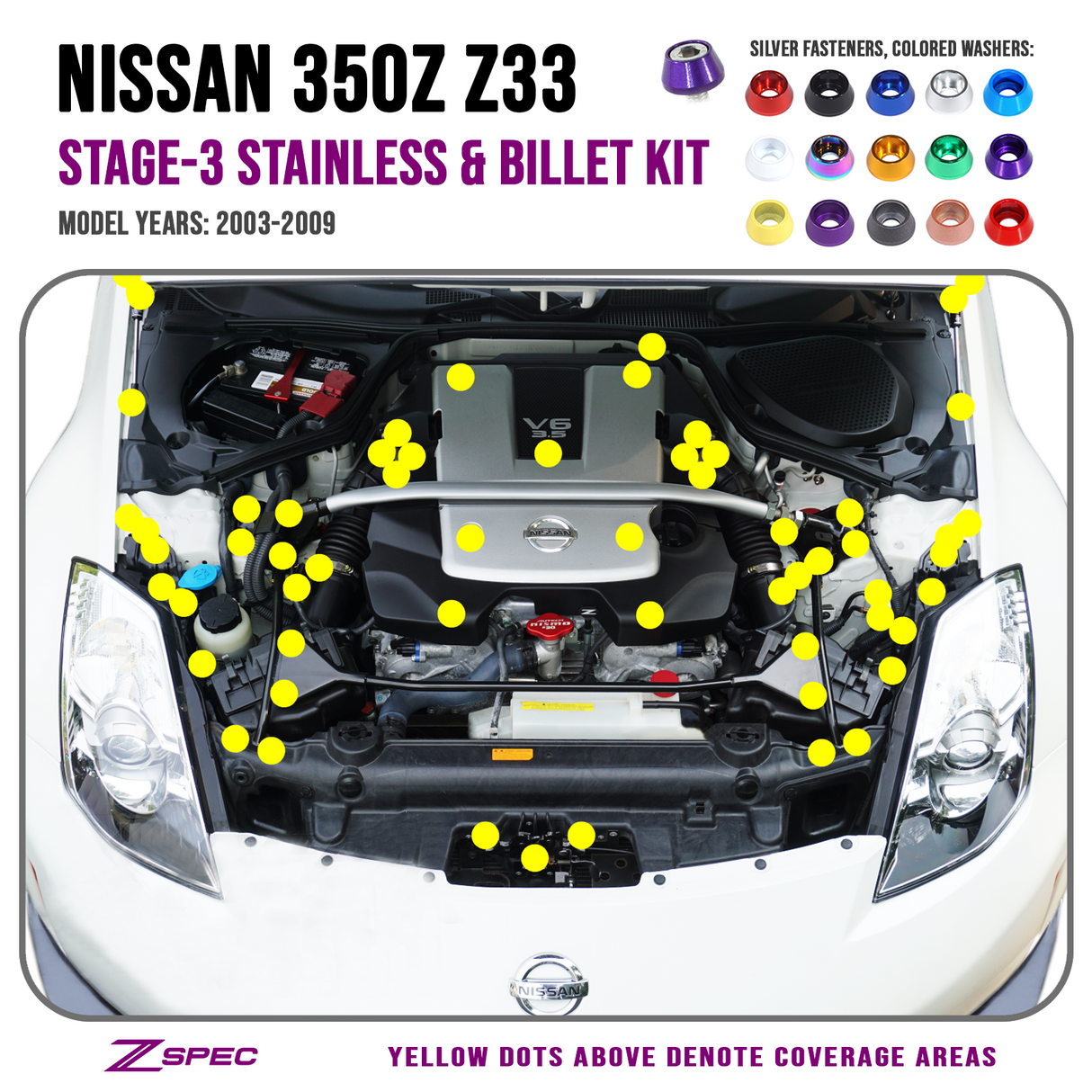 ZSPEC Stage-3 Dress Up Bolts® Fastener Kit for Nissan 350z DE/HR +10mm Longer Plenum Bolts, Stainless & Billet