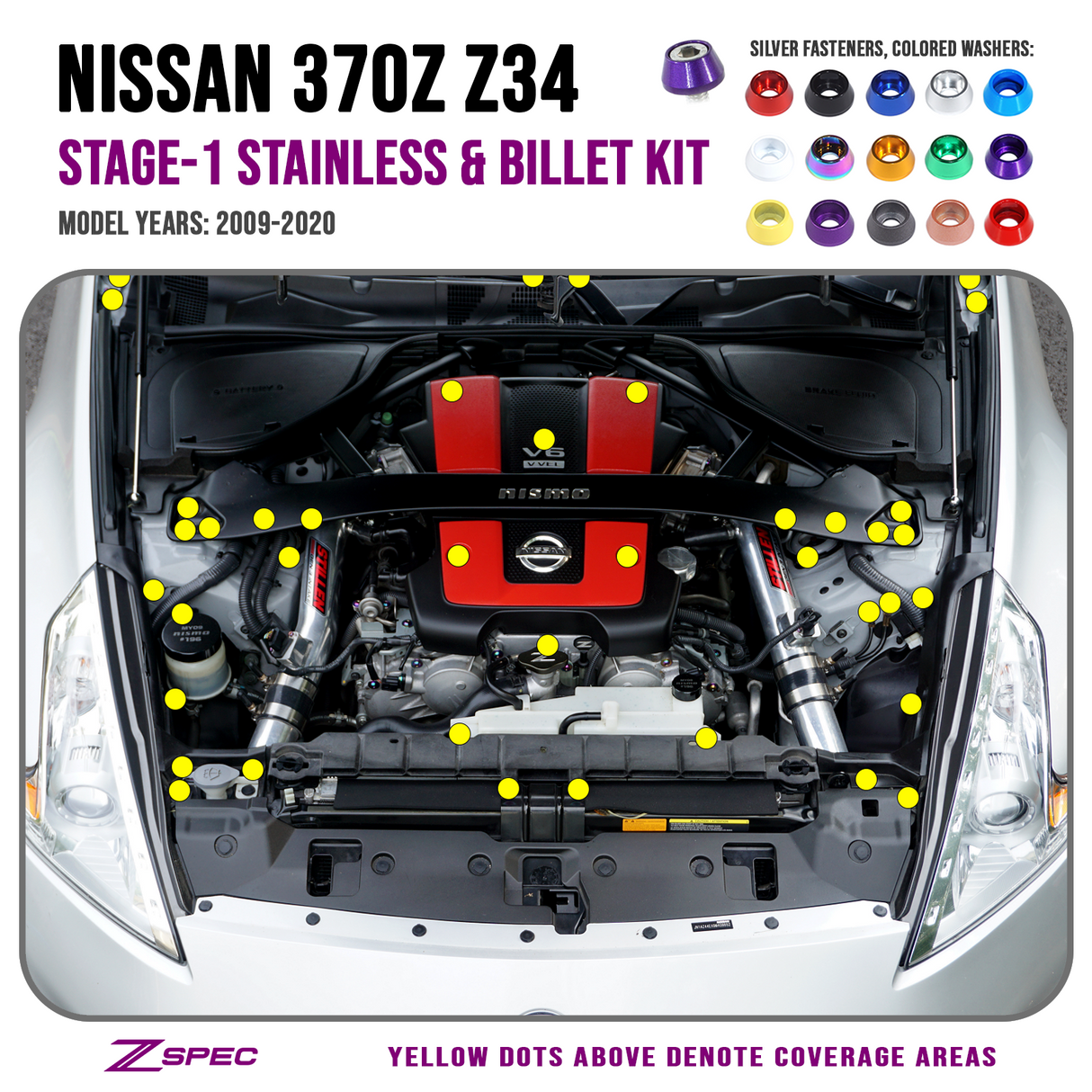 ZSPEC Stage-1 Dress Up Bolts® Fastener Kit for '09-20 Nissan 370z Z34, Stainless & Billet