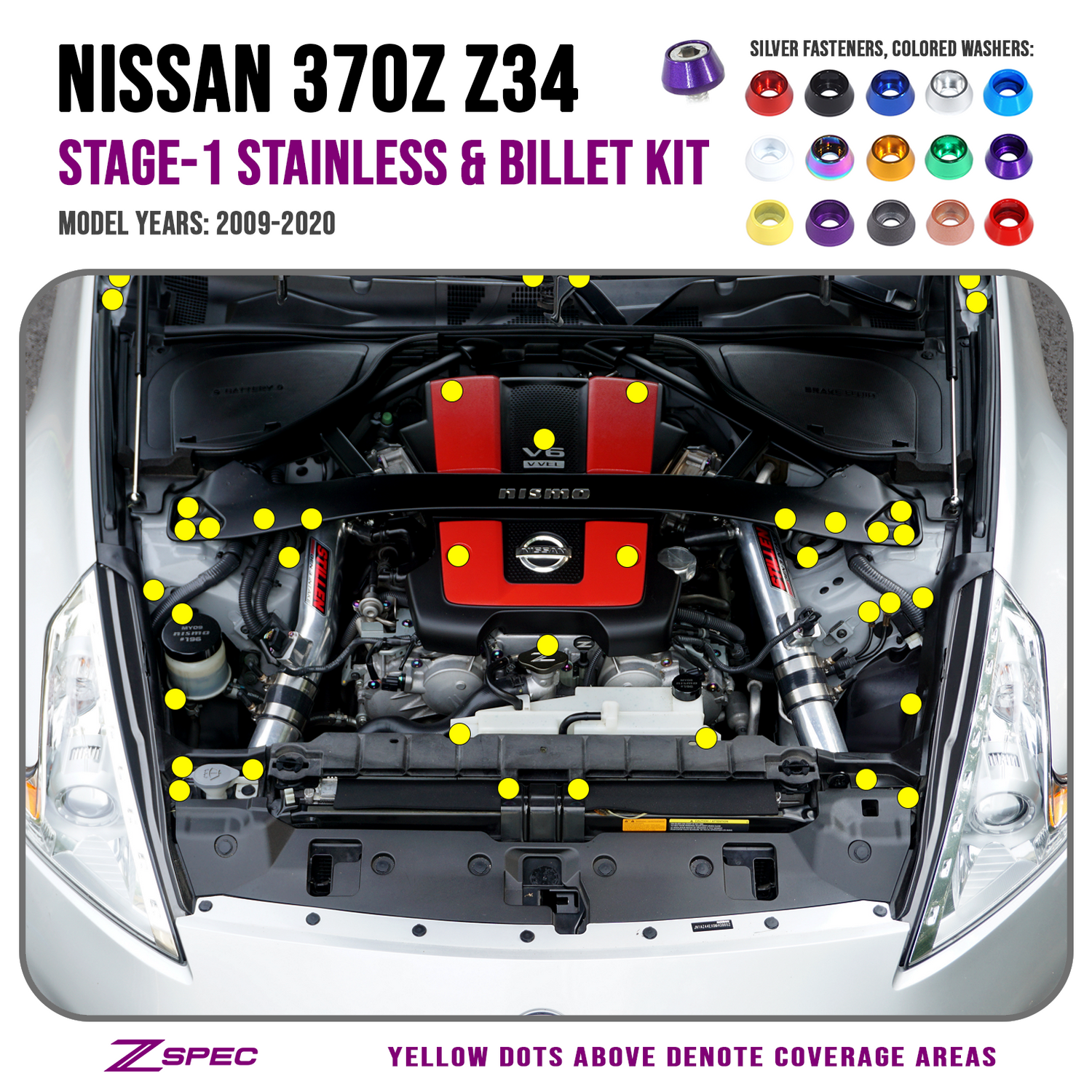 ZSPEC Stage-1 Dress Up Bolts® Fastener Kit for '09-20 Nissan 370z Z34, Stainless & Billet