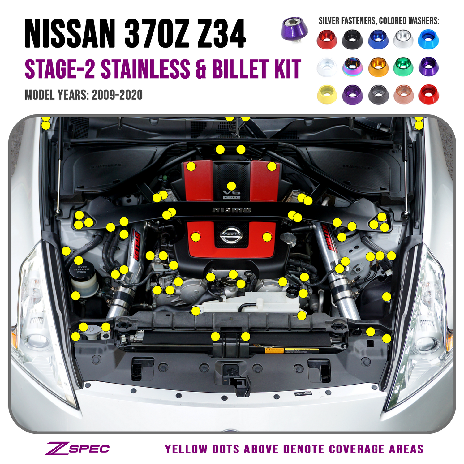 ZSPEC Stage-2 Dress Up Bolts® Fastener Kit for '09-20 Nissan 370z Z34, Stainless & Billet