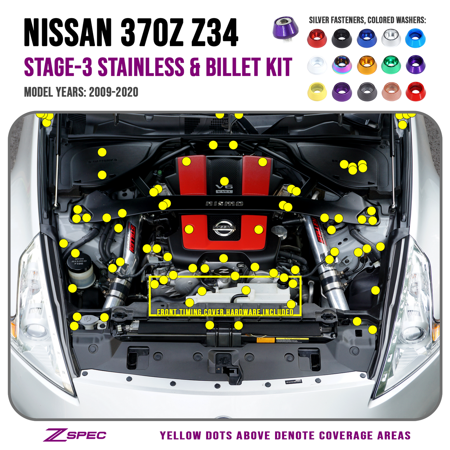 ZSPEC Stage-3 Dress Up Bolts® Fastener Kit for '09-20 Nissan 370z Z34, Stainless & Billet