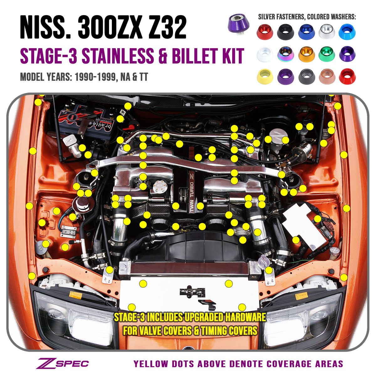 ZSPEC Stage-3 Dress Up Bolts® Fastener Kit for Nissan 300zx Z32, Upgraded Timing Bolts, Stainless & Billet