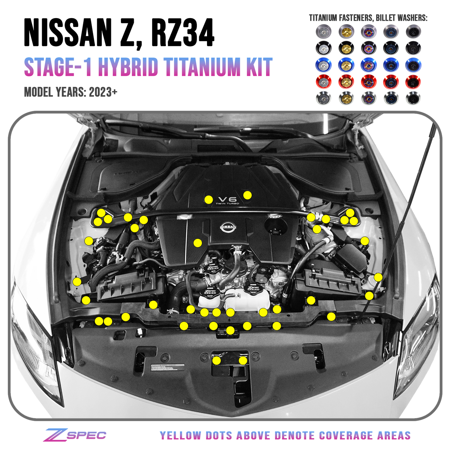 ZSPEC Stage-1 Dress Up Bolts® Hardware Kit for Nissan Z RZ34, Titanium & Billet