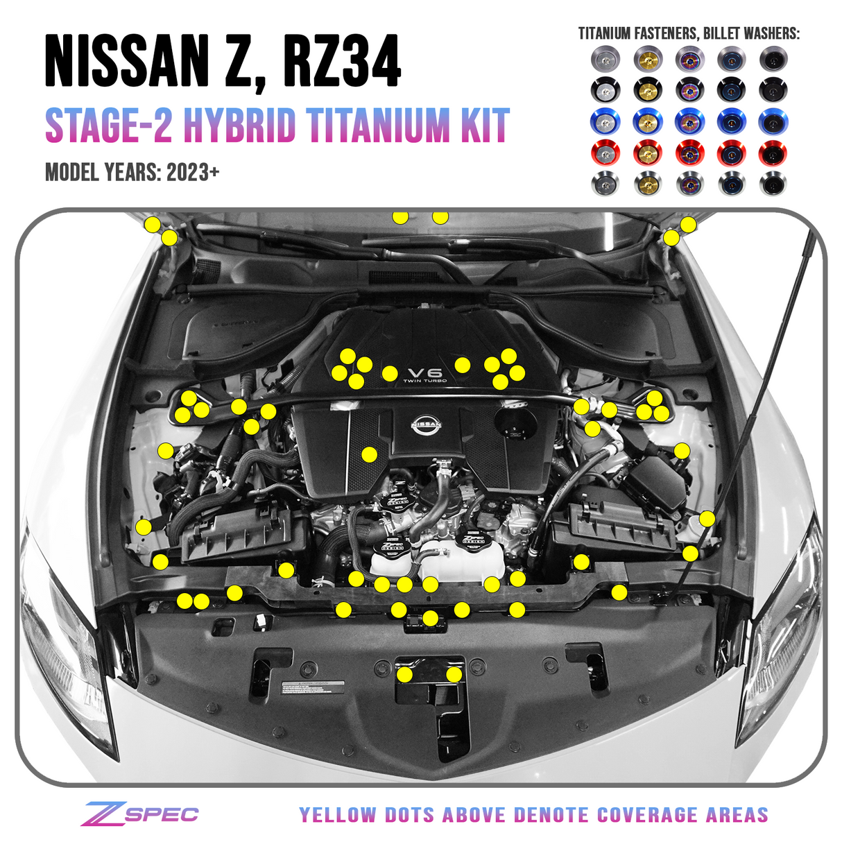 ZSPEC Stage-2 Dress Up Bolts® Hardware Kit for Nissan Z RZ34, Titanium & Billet